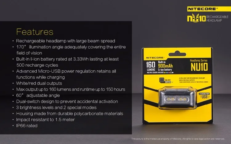 Распродажа Nitecore NU10 ультратонкое естественное освещение CRI фары Высокая производительность 5xLEDs USB Перезаряжаемые Li-io Батарея 150 часов работы кемпинг на открытом воздухе