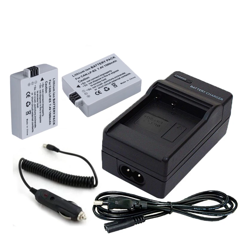 2x LP E5 Battery LP E5 bateria + LPE6 US/EU Cable charger For Canon EOS