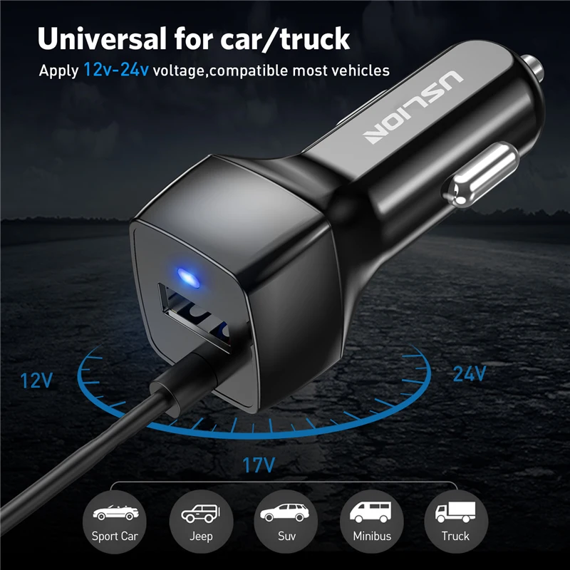 USLION العالمي USB شاحن سيارة ل سامسونج S9 S8 زائد ملاحظة 8 سيارة-شاحن مايكرو USB نوع c كابل ل Xiaomi هواوي سريعة تهمة