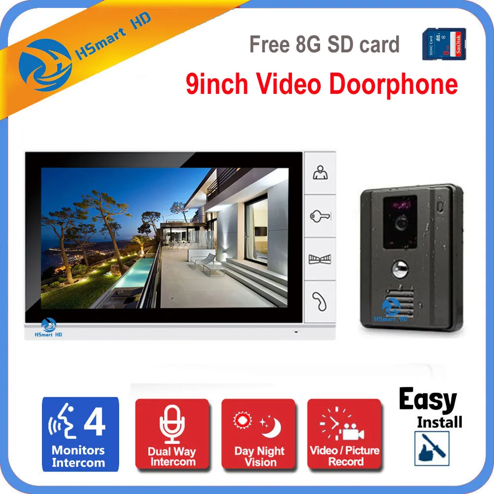 

9" LCD Wired Video Door Phone Visual Video Intercom Speakerphone Outdoor IR Camera Video Recording Intercom System Free 8G Card
