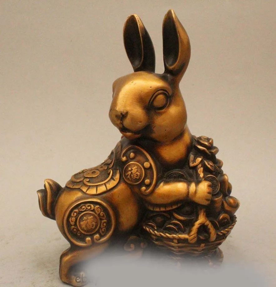 

4" Chinese Folk Brass Fu Wealth Zodiac Year Rabbit Hand Basket Yuan Bao Statue