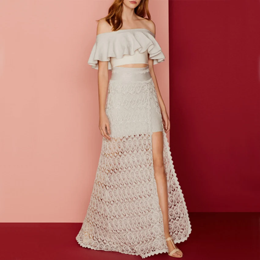 Fashion Nova Lady Party Wear White Black Off the Shoulder Ruffle Short Cropped Top Maxi Bandage Two Piece Long Dress Sets Women