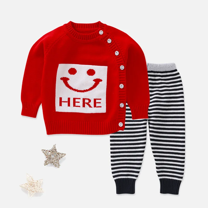 Newborn Baby Knitting Smile Face Clothes Set Kids Cute 2Pcs Sweater