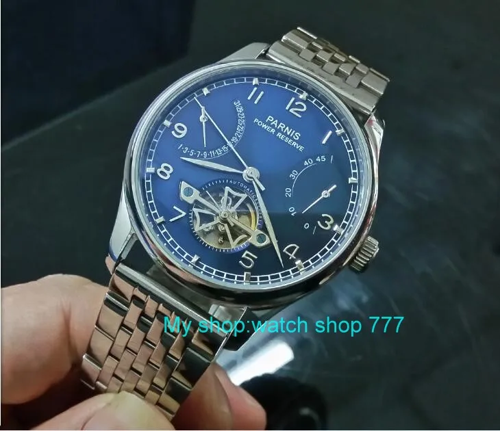 

43mm PARNIS Blue dial power reserve Automatic Self-Wind Mechanical movement men's watch 316 Stainless steel watch strap zdgd28