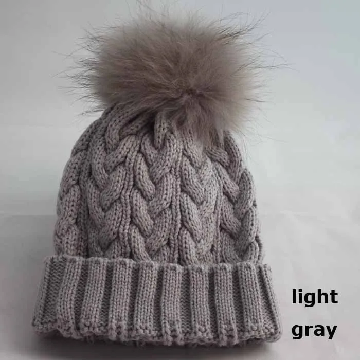 Женская теплая вязанная шерстяная шапка с меховым помпоном - Цвет: light gray