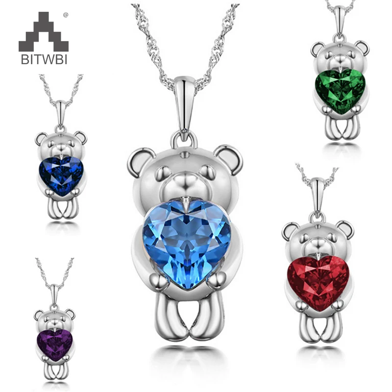

5 Colors Genuine 925 Silver Cute Teddy Bear Pendant Love Heart Crystal for Girl Women Children 45cm Necklace Fine Jewelry