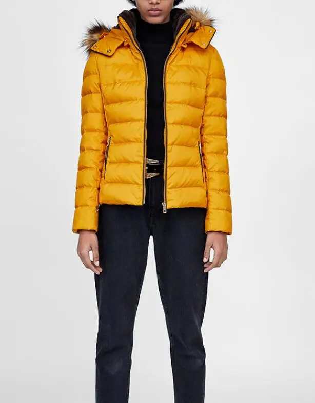 Woman Mustard Quilted ANORAK Down Jackets Hooded Faux Fur trim High