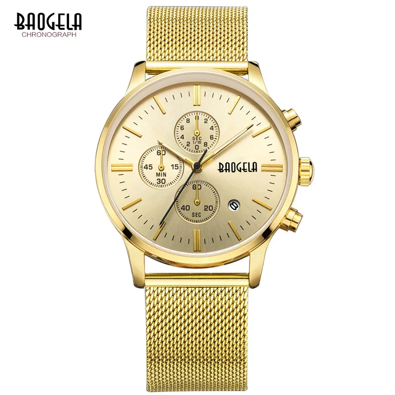 

Baogela Men's Chronograph Quartz Wrist Watches Stainless Steel Milan Mesh Strap Stop Watch Man Relogios Masculino 1611 Gold