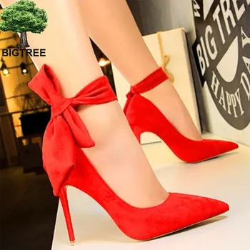 

BIGTREE Sweet Butterfly-knot Shallow Women Pumps Show Thin Solid Flock Party Shoes Pointed Toe Fashion Women's High Heels Shoes