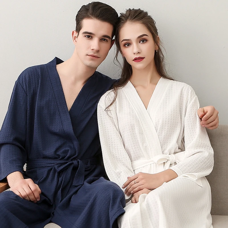 

Towel Bath Robe Dressing Gown Unisex Men Women Sleeve Solid Waffle Sleep Lounge Bathrobe Peignoir Nightgowns Lovers Robes