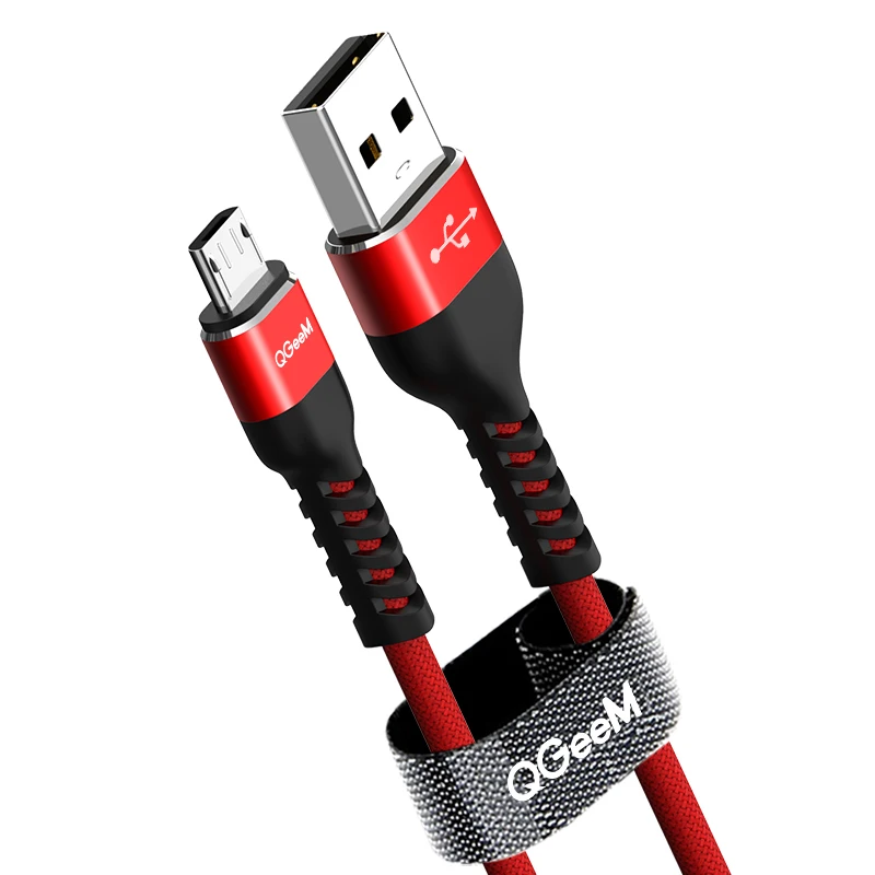 QGeeM Micro USB Cable 2.4A Nylon Fast Charge USB Data Cable for Samsung Xiaomi LG Tablet Android Mobile Phone USB Charging Cable - Color: Red-red