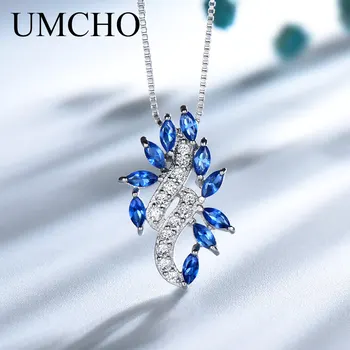

UMCHO Solid 925 Sterling Silver Pendants Necklace For Women Blue Sapphire Leaf Gemstone Wedding Jewelry with Chain Drop Shipping
