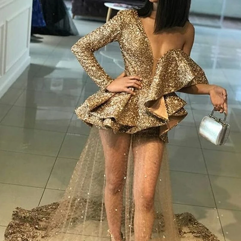 

Sexy Gold Sequined Illusion Long Prom Gowns One Shoulder V-neck A-line Formal Party Gowns Ruffles Abiye Abendkleider 2019