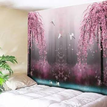 

Pink Flower and Bird Print Large Wall Tapestry Cheap Hippie Wall Hanging Art Carpet Bohemian Decorative Living Room Big Blanket