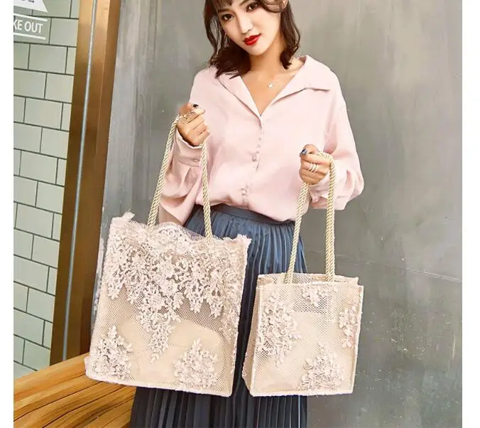 

Fashion flower print lace bag for wedding party small Large Size Women Tote bag high quality luxury vintage Travel Shopping Bag