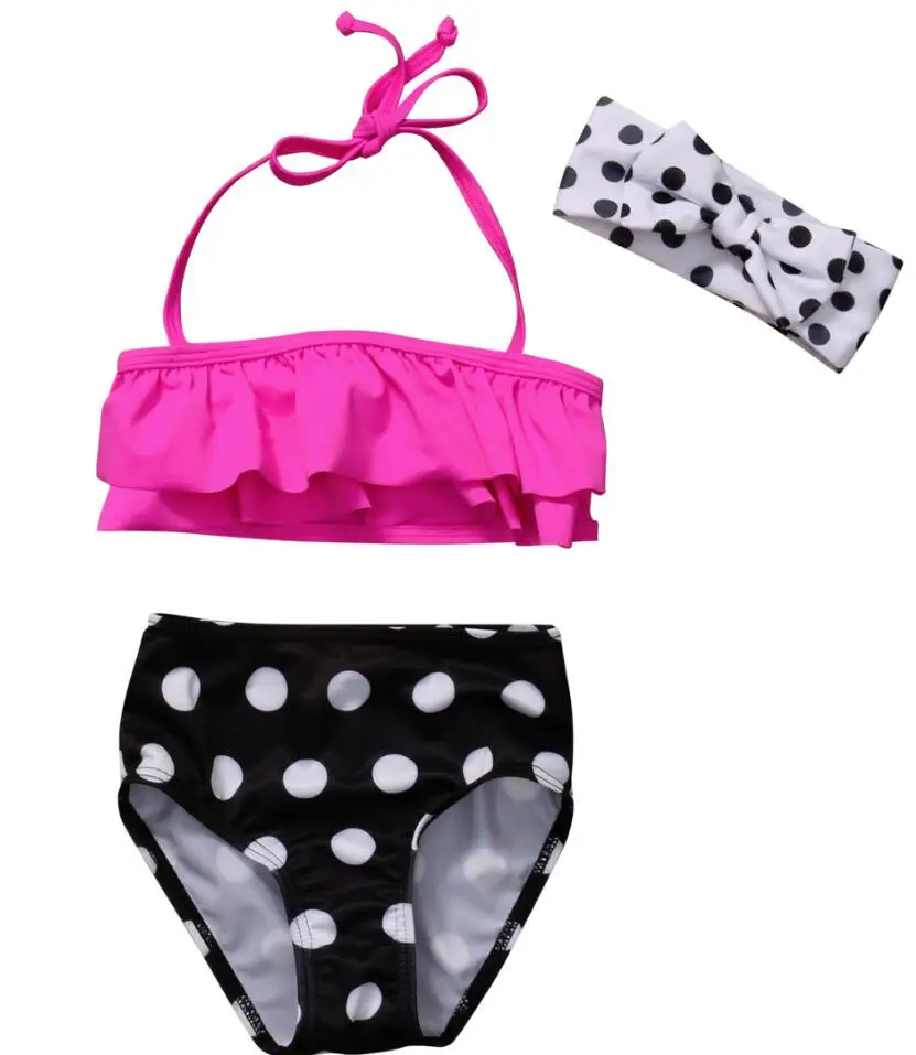 Летний комплект бикини в горошек для маленьких девочек, купальный костюм, купальный костюм, одежда для плавания, 3 предмета - Цвет: Розовый
