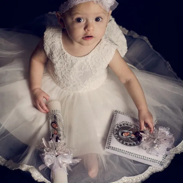 

White/ivory baby first birthday dresses flower girl infant lace christening dress baptism gown With Bow