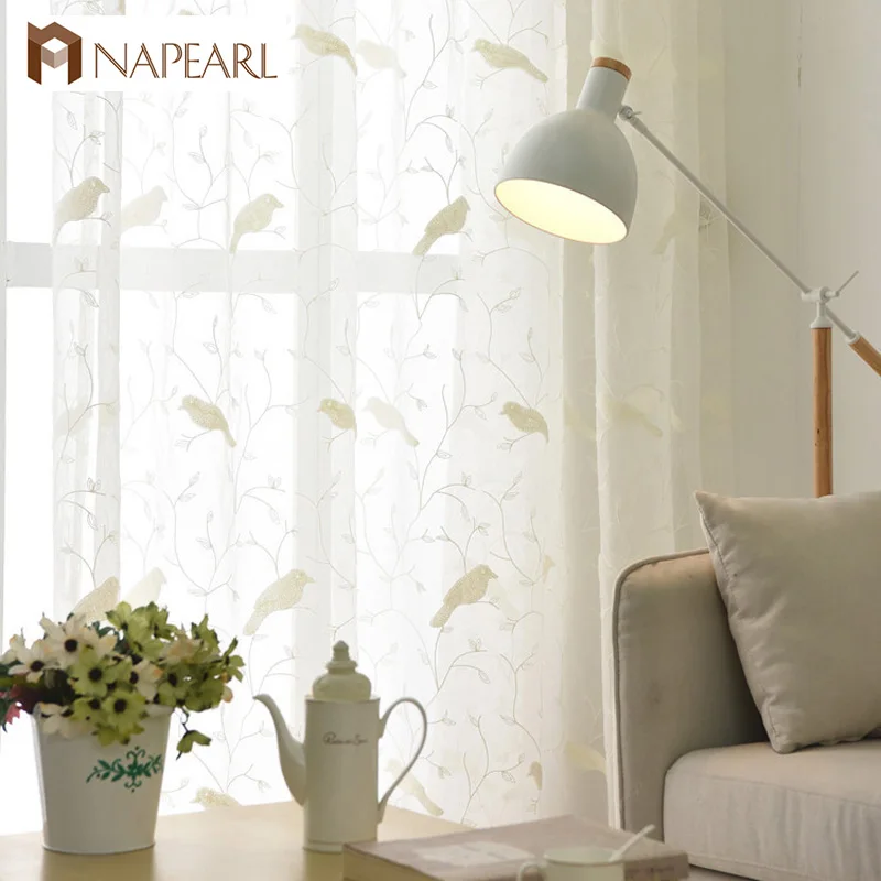 Napearl Embroidered Organza Sheer Curtain Tulle Fabrics Birds