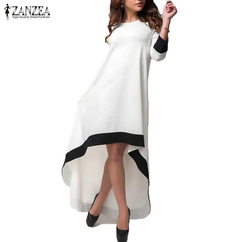 ZANZEA модное женское платье осеннее Длинное Макси платье для вечеринки лоскутное асимметричное платье с круглым вырезом размера плюс S-5XL