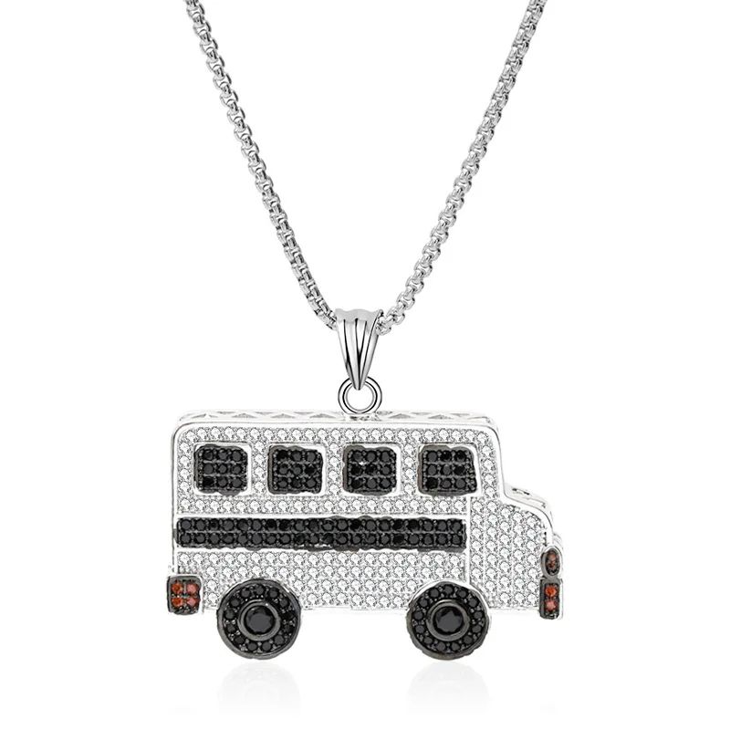 

Hip Hop Micro Paved AAA Cubic Zirconia Bling Iced Out School Bus Pendants Necklace for Men Rapper Jewelry Two Tone Color