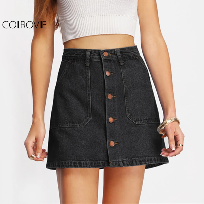 COLROVIE Button Up Denim A Line Skirt Women Black High