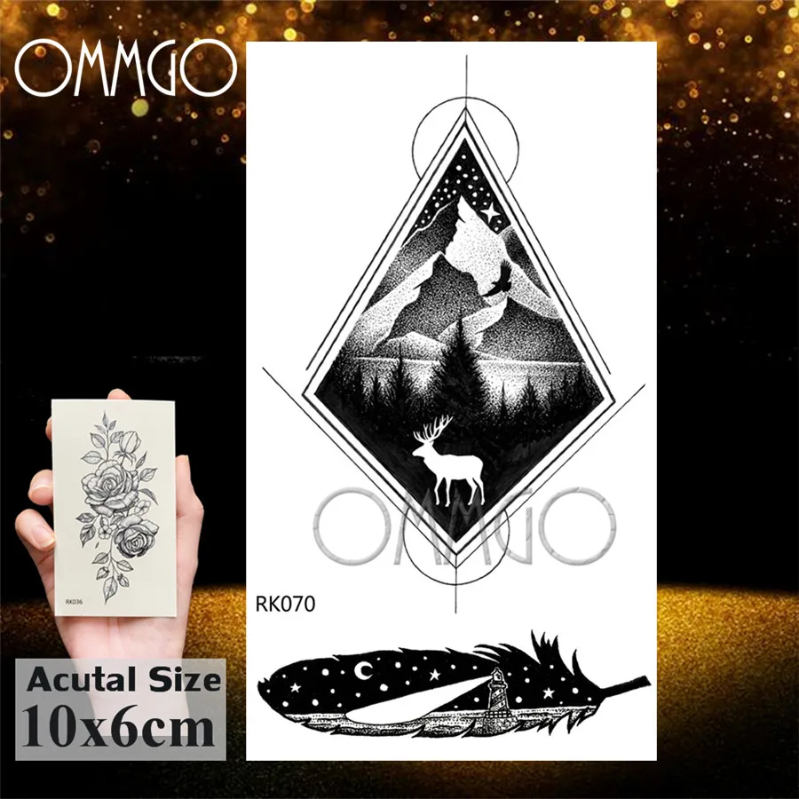 Временные татуировки OMMGO для женщин наклейки с черным лесом и черными перьями