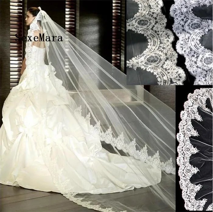 

White Ivory Tulle Wedding Veil Cathedral Length Lace Edge Bridal Veil With Comb Long Wedding Veil Velos De Novia Custom Made