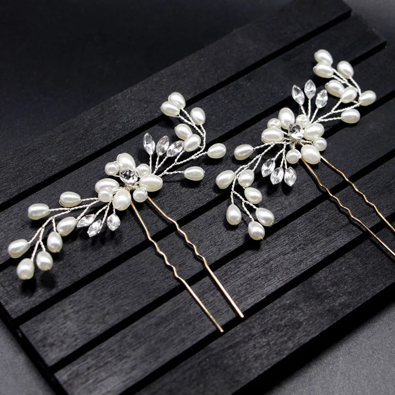 

Crystal Pearl Flower Hair Pins Bridal Tiaras Headpiece Hairpin Hair Clip Stick Wedding Hair Jewelry Accessories For Bride Noiva