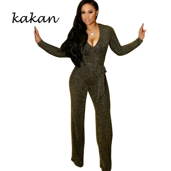 

Kakan new high stretch jumpsuit nylon gold silk pit casual jumpsuit gold silver jumpsuit with belt
