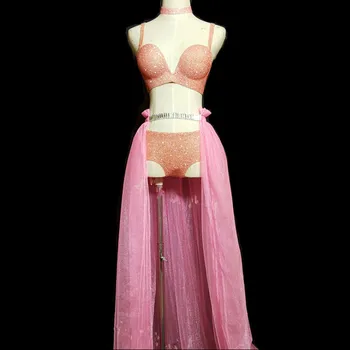 

Stage Wear Prom Sexy Sequin Pink Rhinestone Outfit Bra Short Skirt Crystal Design Party Dress DJ Female Singer Nightclub Costume