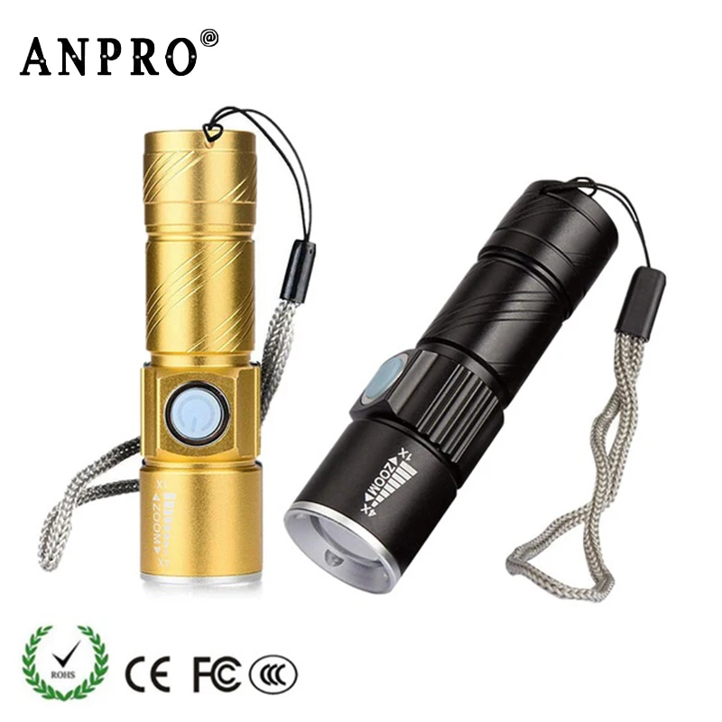 

Anpro Mini USB LED Flashlight Rechargeable 3 Modes Zoomable LED Torch Bike Flash Light for Outdoor Camping Hiking Light
