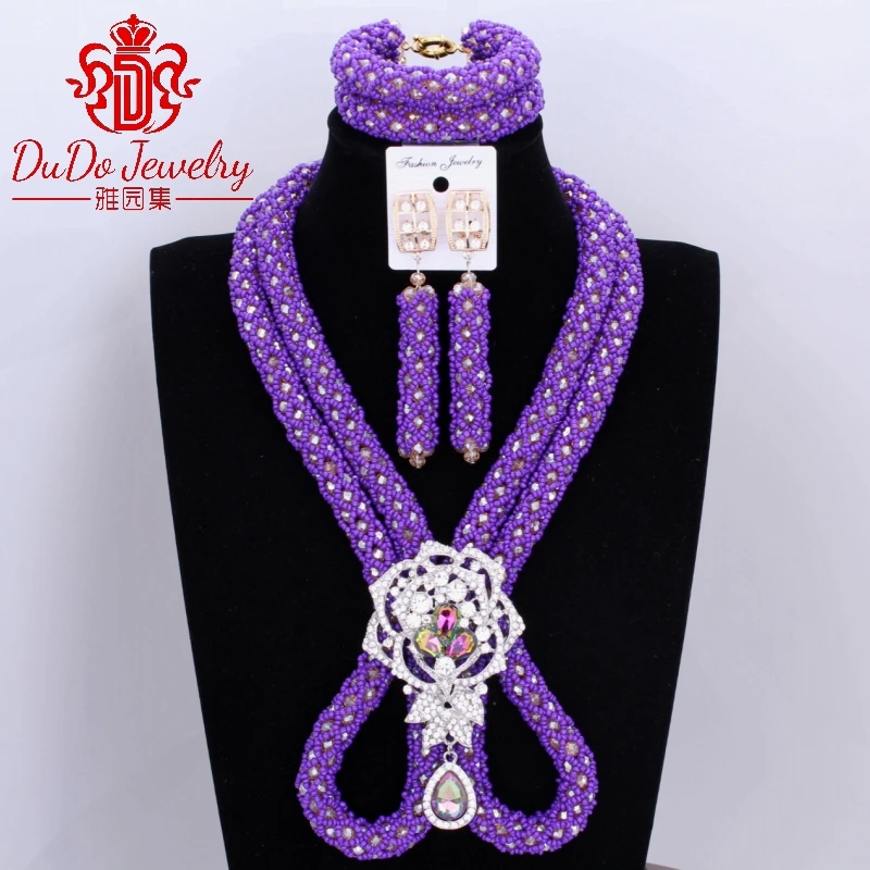 

2017 Purple And Gold African Wedding Beads Jewelry Set Nigerian Crystal Beads Necklace Bracelet Earrings Jewelry Set 2017 Newest