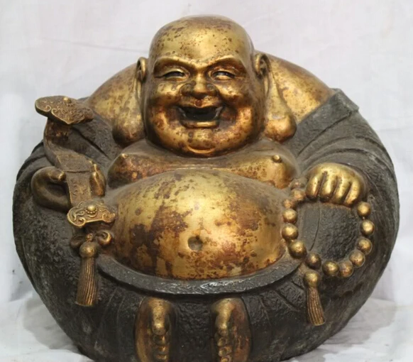 

JP S62 13" Chinese China Bronze Gilt Happy Laugh Maitreya Buddha & Ruyi Statue Discount 35%