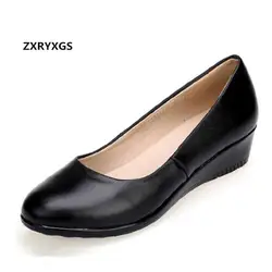 Новинка 2019 года, весенне-осенняя мягкая удобная обувь из натуральной кожи, женская обувь, черная офисная обувь на танкетке, обувь на плоской