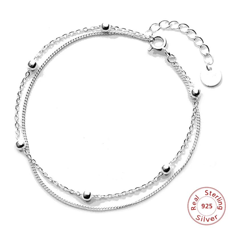 Модный двухслойный 925 пробы цепочка с серебряными бусинами браслет для женщин Регулируемая длина