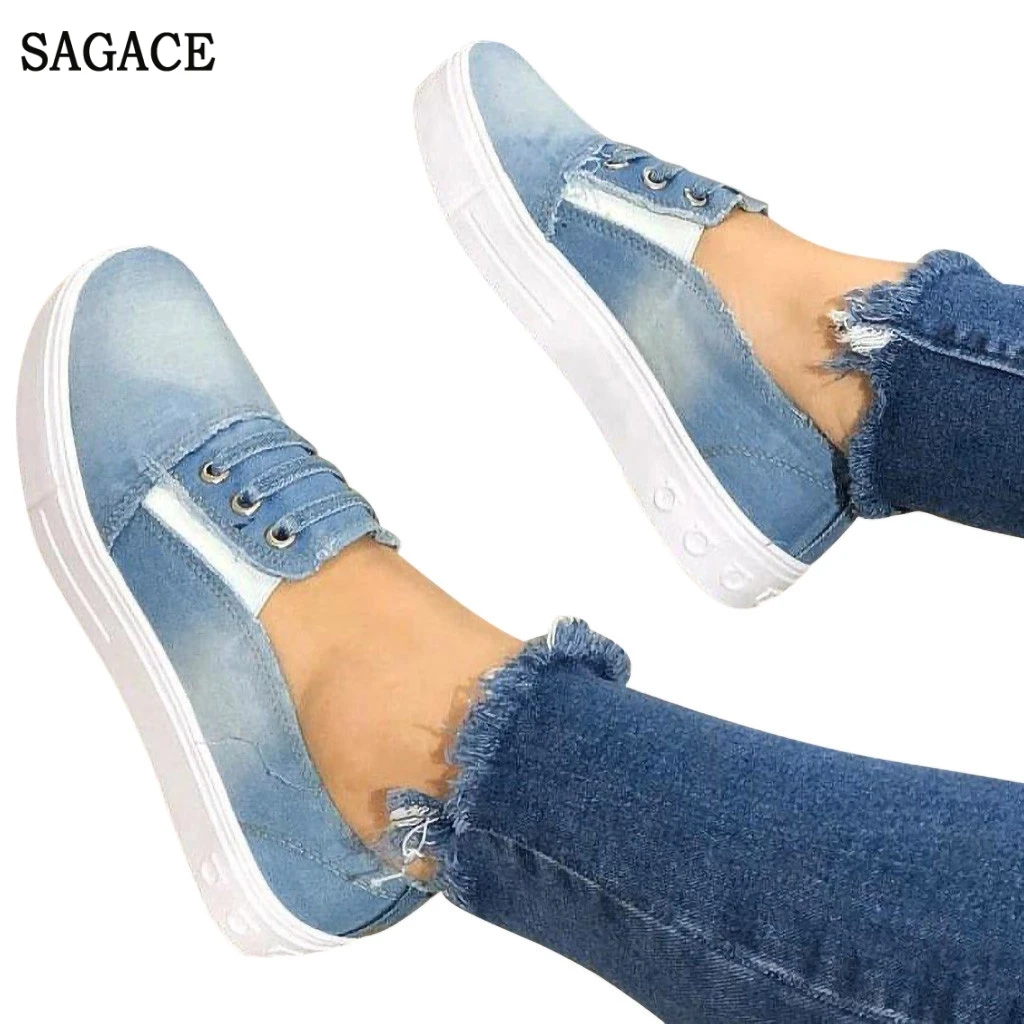 

Casual Ladies Shoes Womens Denim Flat Heel Round Toe Canvas Sneakers Loafers Female Solid Casual Loafers Roman Cloth Shoes