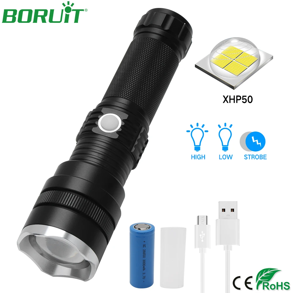 

BORUiT USB Rechargeable XHP50 LED Flashlight Waterproof Zoomable Torch Light Portable Camping Hunting Lantern Flash Light 26650