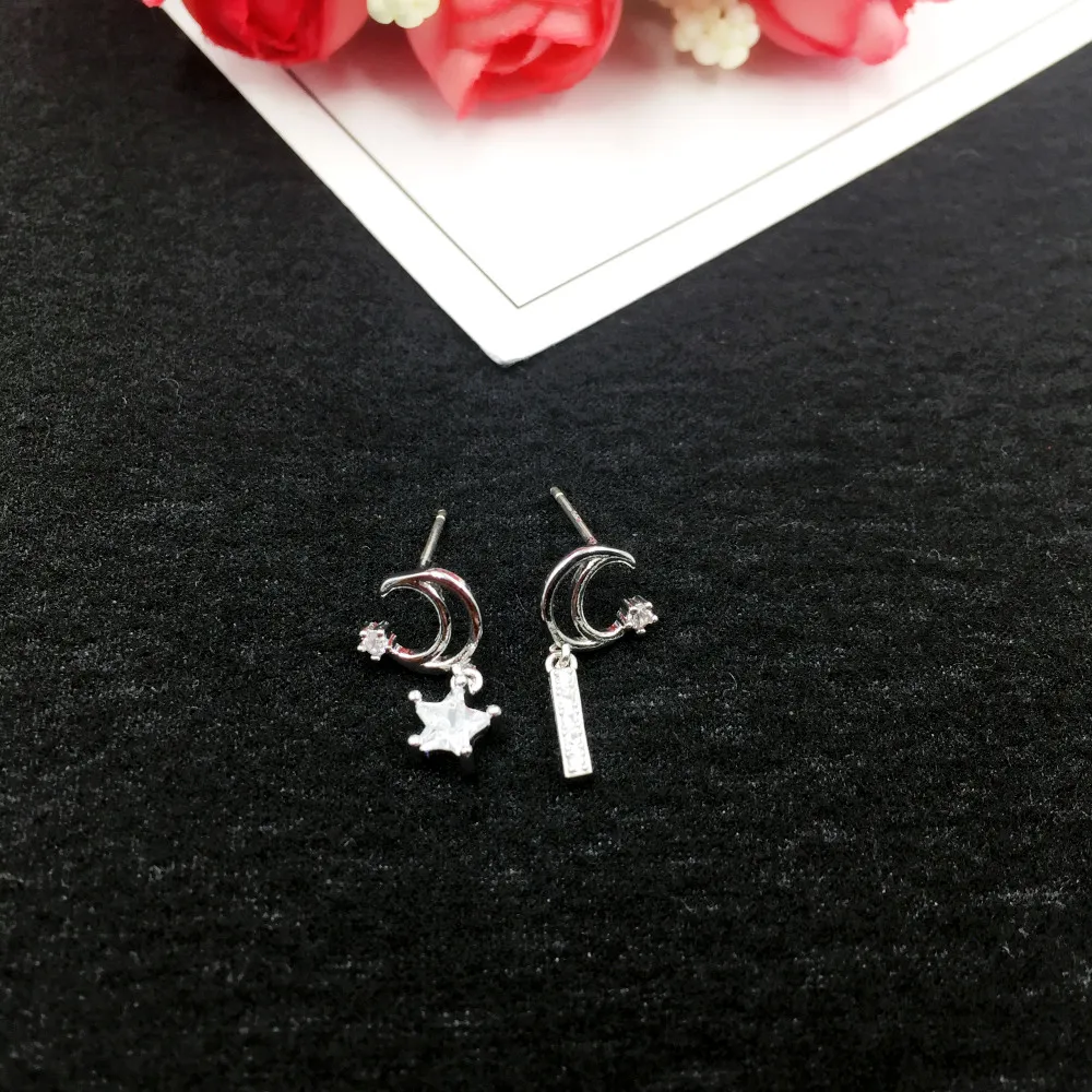 

925 Silver Needle Moon Star Asymmetric Drop Earrings for Women Ladies Vintage Zircon Dangle Earring Jewelry Brincos Wholesale