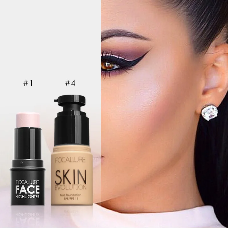 

Focallure face Makeup Set Face Foundation base make up & Bling Highlighter stick Water-proof Silver Shimmer Light cosmetic set
