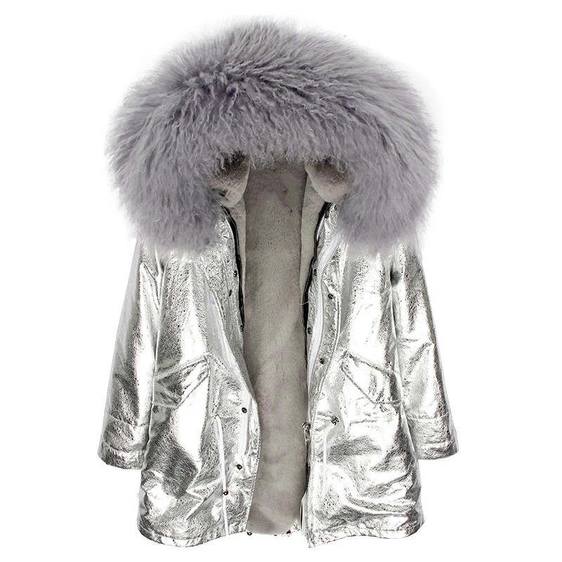 OFBUT winter jacket women real fur coat long parka natural Mongolia Sheep Fur collar hood thick warm streetwear brand new - Цвет: silver grey