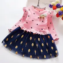 Весенне-осеннее платье для маленьких девочек; хлопковое Сетчатое платье с длинными рукавами; Детские Платья с цветочным принтом и бантом для девочек; модная кружевная детская одежда