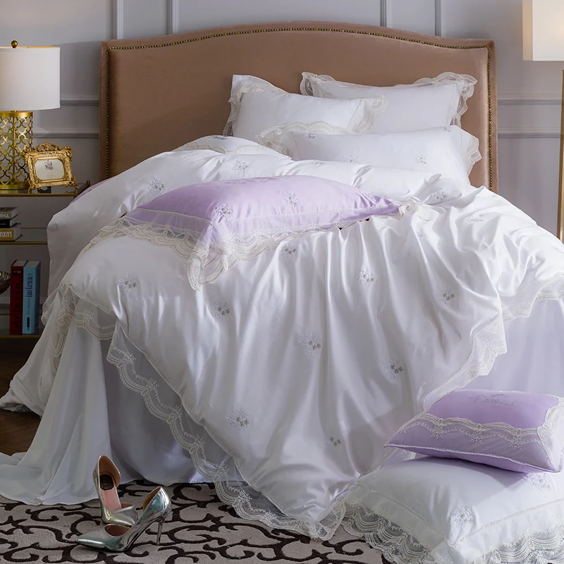 white purple egyptian cotton lace princess bedding sets embroidery lace sheets egyptian cotton