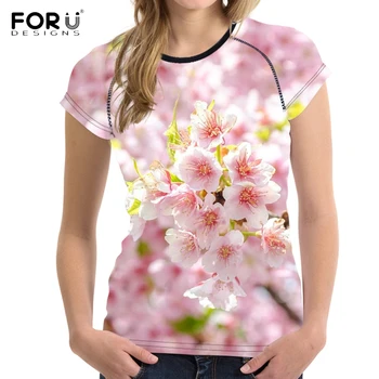 

FORUDESIGNS Stylish Japanese Cerasus Yedoensis Flower Printed Women T Shirts Summer Short Sleeve Tops Tee Clothing Fit T-shirts