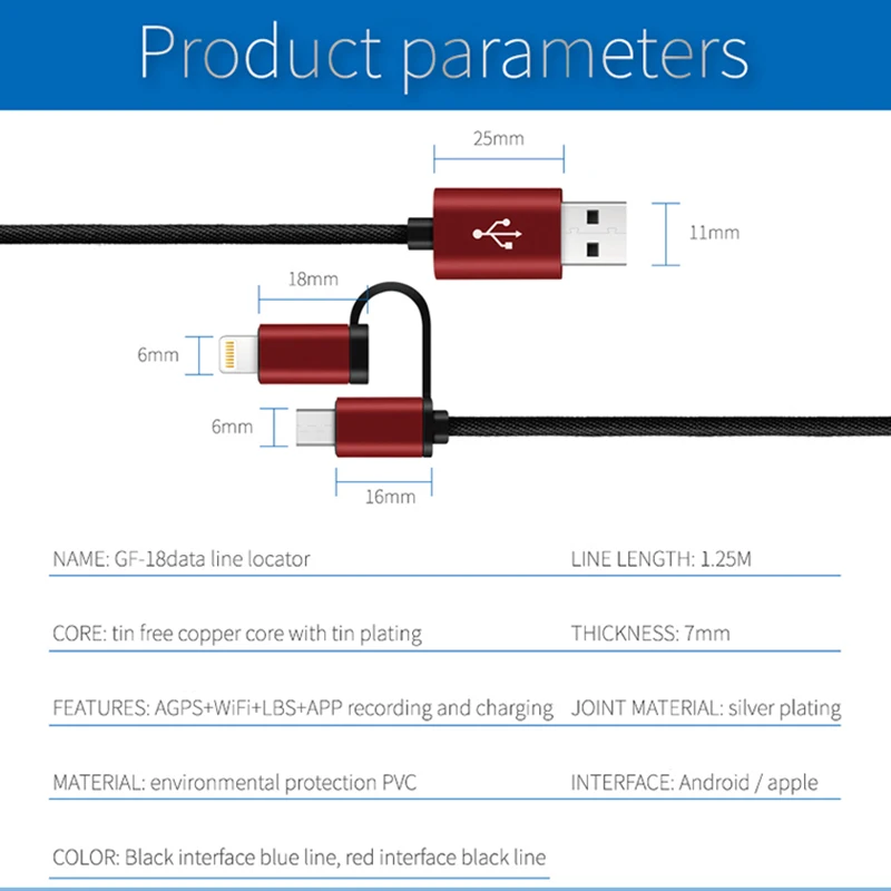 GF 18D Micro USB Lightning 2в1 кабель для зарядки данных gps трекер WiFi lbs Дистанционное
