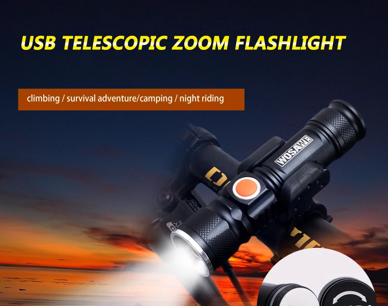 800 Lumen Bicycle Flashlight LED Zoom Waterproof ultra bright USB Rechargeable
