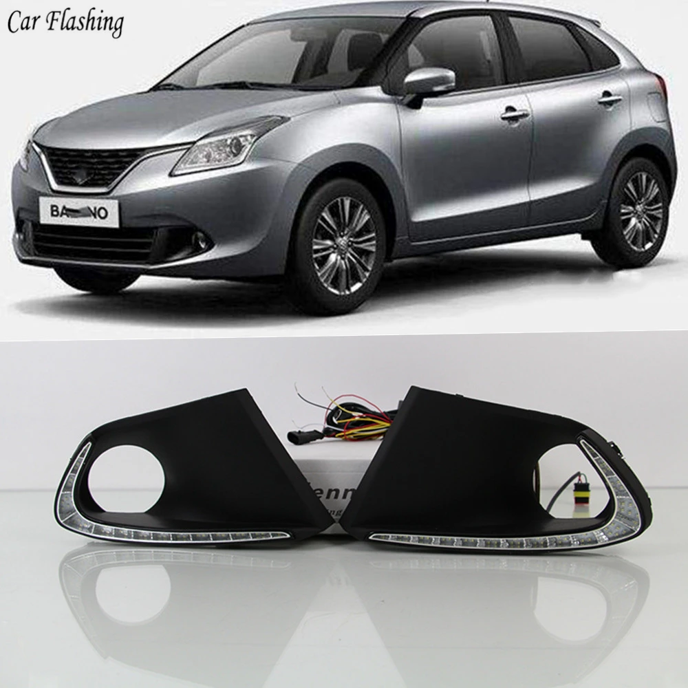 

Car Flashing 1 Set LED DRL Daytime Running Lights Daylight Fog Light Cover With Turn Yellow Signal For Suzuki Baleno 2016 2017