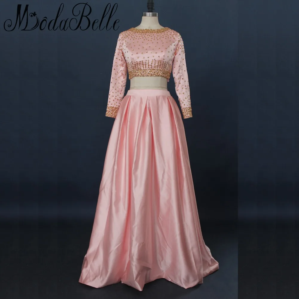 Modabelle Peach Pink Long Sleeve Prom Dresses Gold Sequin Two 2 Pieces Dubai Party Dress Prom