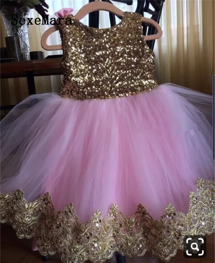 Новое Золотое розовое фатиновое платье с блестками для маленьких девочек на день рождения, пышное платье принцессы с большим бантом детская одежда для церемонии