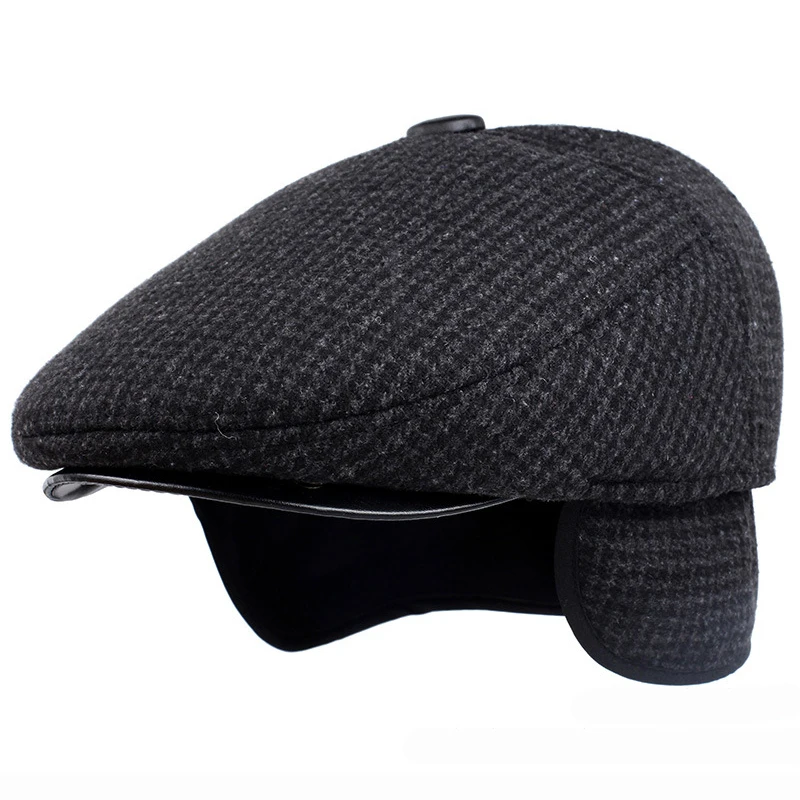 kangol beret mens HT3511 Berets Men Autumn Winter Hat Warm Male Earflap Cap Vintage Ivy Newsboy Flat Cap Elder Man Dad Hat with Ear Flap Beret Cap leather beret mens