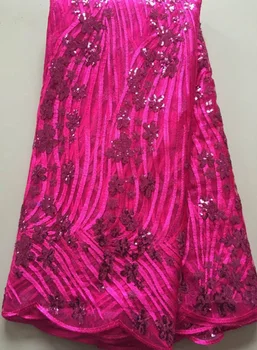 

High Quality Nigerian Lace Fabrics With Sequins African French Net Lace Fabric Embroidered Tulle Mesh Lace Fabric EHL003 fuchsia